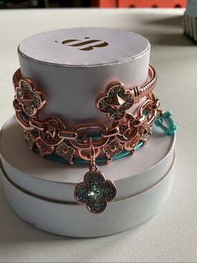 Rose Gold & Aqua Clover Charm Bracelet Set